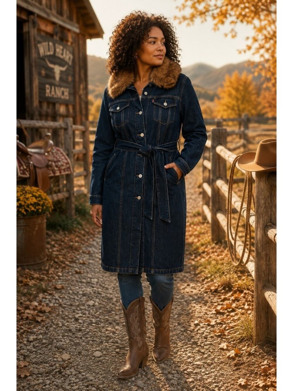 Levi's Faux Fur Collar Denim Coat Women's Large Belted Dark Wash Long Jean...